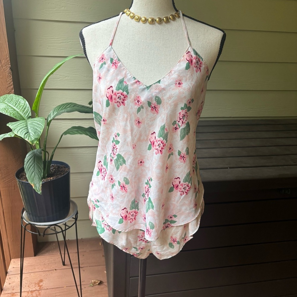 Vintage 90s Floral Lingerie Set Cami and Shorts Pink Green | Medium